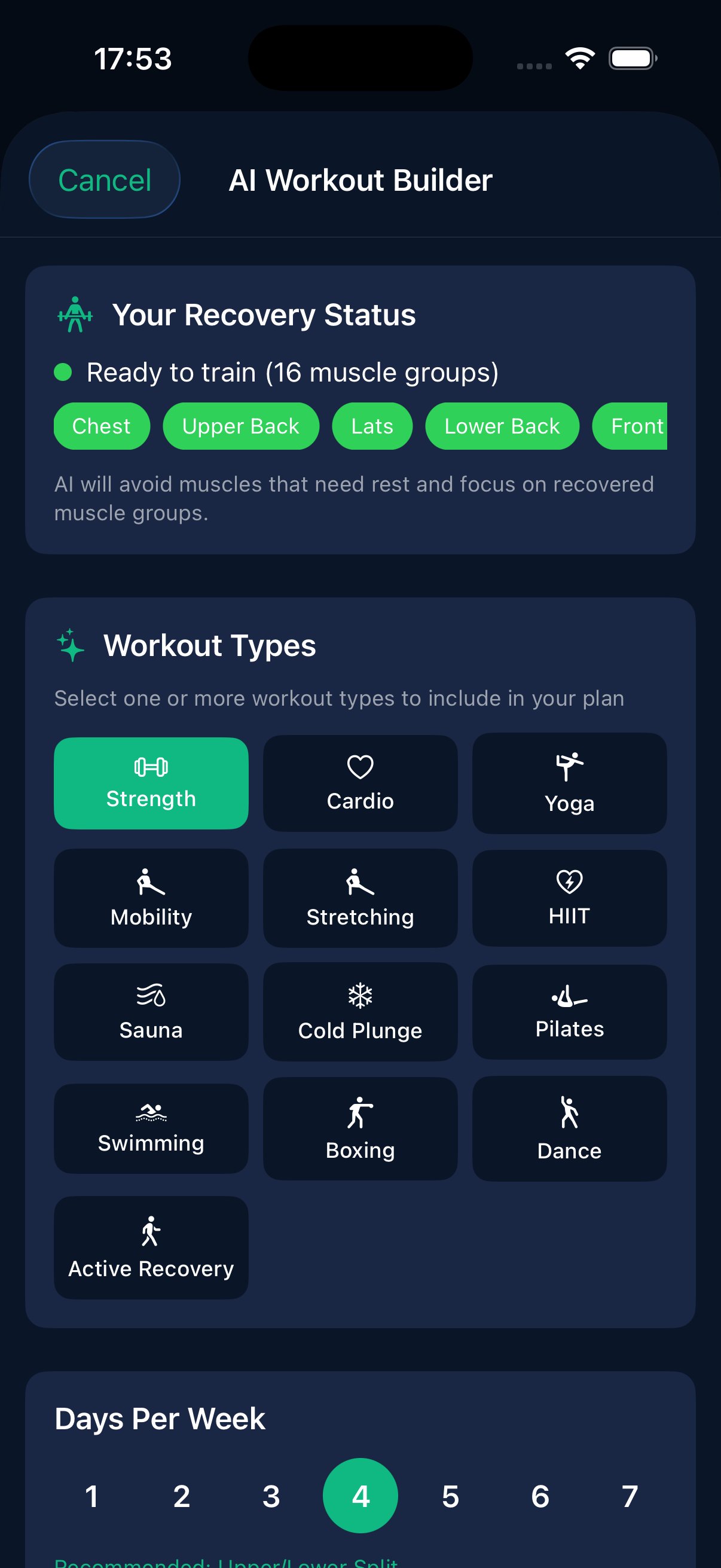 AI Workout Builder with workout type grid