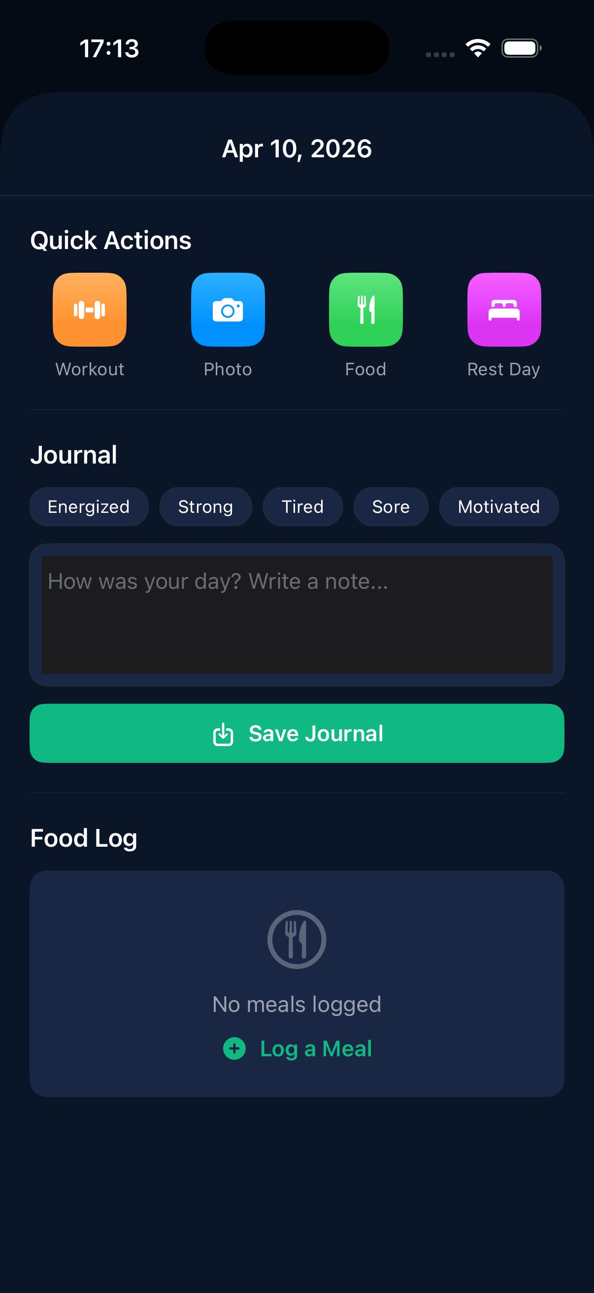 Daily journal with workouts and food log
