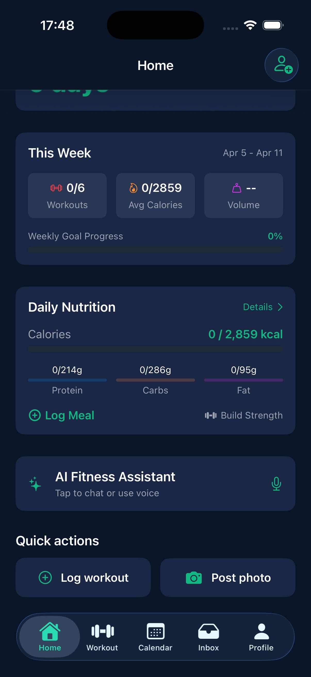 StayFit home dashboard