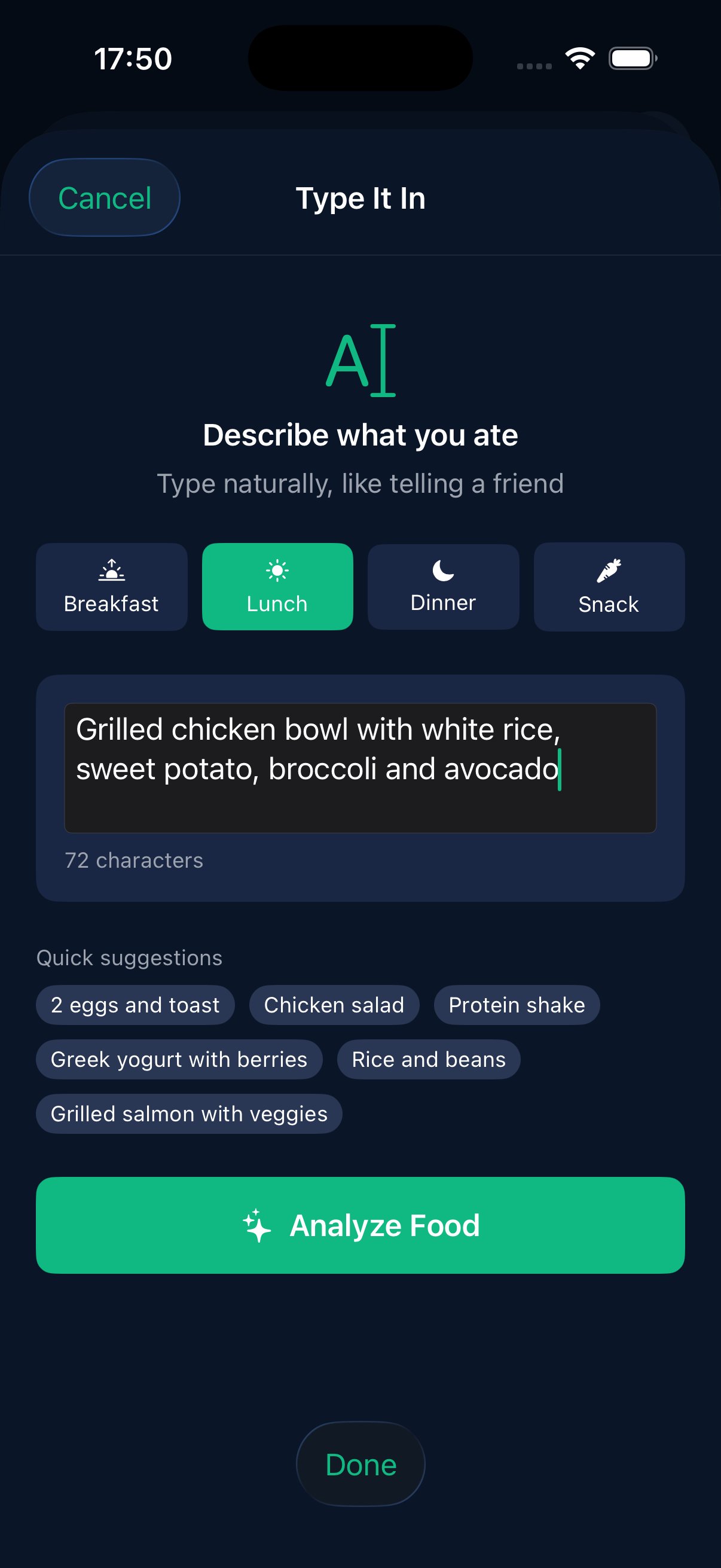 Describe your meal — AI food logging
